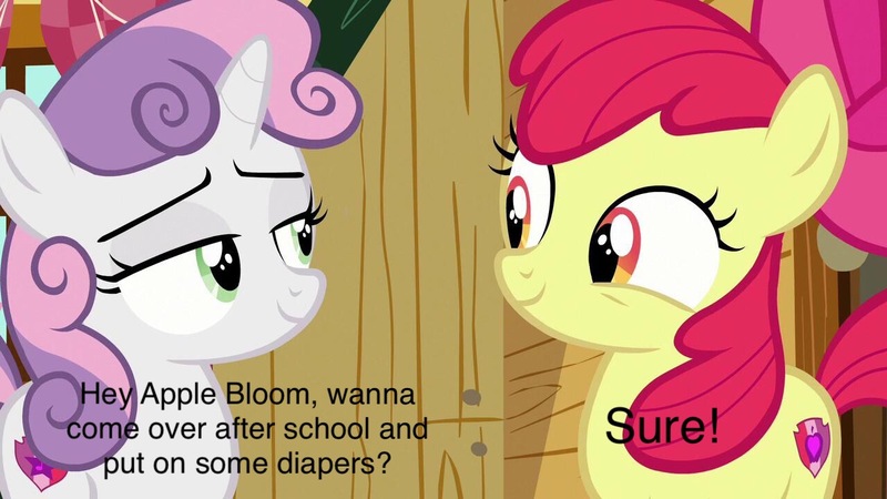 Size: 1280x720 | Tagged: suggestive, derpibooru import, edit, edited screencap, screencap, apple bloom, sweetie belle, earth pony, pony, unicorn, marks and recreation, caption, clubhouse, crusaders clubhouse, cutie mark, dialogue, diaper, diaper fetish, female, females only, fetish, filly, image macro, implied diaper, implied diaper fetish, text, the cmc's cutie marks