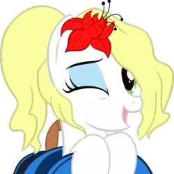 Size: 859x859 | Tagged: safe, artist:trash anon, derpibooru import, oc, oc:epithumia, unofficial characters only, pony, derpibooru, .svg available, backpack, derpibooru badge, flower, flower in hair, happy, meta, one eye closed, simple background, smiling, svg, transparent background, vector, wink