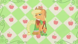 Size: 1280x720 | Tagged: safe, derpibooru import, screencap, applejack, earth pony, pony, suited for success, abstract background, boots, braided tail, checkered background, clothes, cowboy hat, crossed hooves, dress, female, freckles, gala dress, hat, lidded eyes, looking at you, mare, outfit catalog, saddle, shoes, solo, stetson, tack