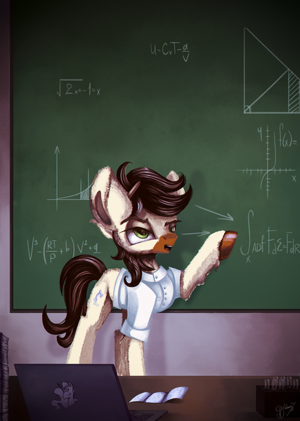 Size: 2000x2808 | Tagged: safe, artist:hagallaz, derpibooru import, oc, oc:calpain, earth pony, pony, chalkboard, clothes, computer, equation, lab coat, laptop computer, male, solo, teaching