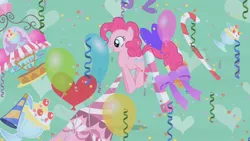 Size: 1280x720 | Tagged: safe, derpibooru import, screencap, pinkie pie, earth pony, pony, the ticket master, balloon, candy, candy cane, confetti, female, food, green background, imagine spot, mare, pronking, simple background, solo, streamers