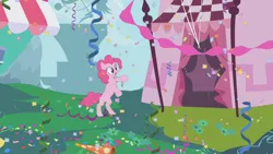 Size: 1280x720 | Tagged: safe, derpibooru import, screencap, pinkie pie, earth pony, pony, the ticket master, bipedal, confetti, female, imagine spot, mare, rearing, solo, streamers