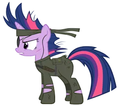 Size: 6000x5200 | Tagged: safe, artist:mrlolcats17, derpibooru import, twilight sparkle, pony, unicorn, absurd resolution, clothes, female, future twilight, gritted teeth, hooves, horn, knife, konami, mare, metal gear, metal gear solid 3, naked snake, simple background, snake eater, solo, transparent background