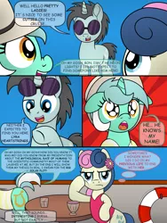 Size: 3000x4000 | Tagged: safe, artist:pananovich, derpibooru import, bon bon, lyra heartstrings, neon lights, rising star, sweetie drops, earth pony, pony, unicorn, background pony, bon bon is not amused, comic, dialogue, drinking, fanmake, female, glasses, implied princess celestia, male, mare, stallion, sunburst background, surprised, that pony sure does love humans, unamused