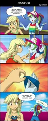 Size: 800x2020 | Tagged: safe, artist:uotapo, derpibooru import, edit, applejack, rainbow dash, equestria girls, equestria girls series, spring breakdown, spoiler:eqg series (season 2), armpits, bait and switch, blushing, clothes, cowboy hat, female, freckles, geode of super speed, geode of super strength, hat, hypocrisy, japanese, magical geodes, open mouth, sea sickness, sleeveless, sweatband, translation, vomit, vomiting