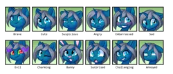 Size: 5926x2552 | Tagged: safe, artist:scarlet-spectrum, derpibooru import, oc, oc:blue moon, unofficial characters only, pony, rabbit, unicorn, angry, animal, annoyed, blushing, brave, bunny ears, crying, cute, embarrassed, emotions, evil grin, eyes rolling back, female, filly, floppy ears, gasp, grin, one eye closed, sad, simple background, smiling, solo, sombra eyes, surprised, suspicious, text, transformation, transparent background, wink
