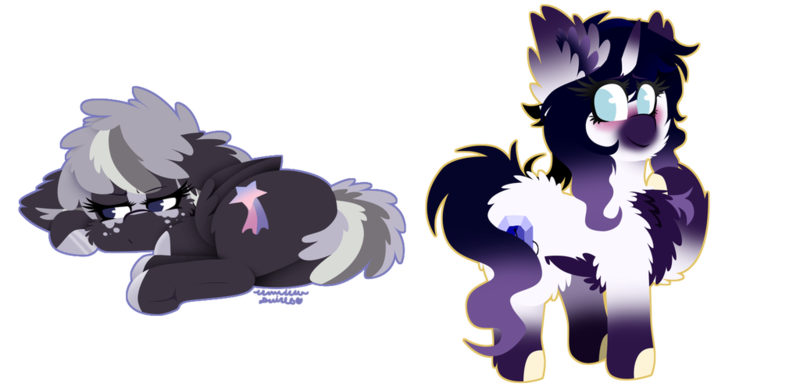 Size: 1024x499 | Tagged: safe, artist:vanillaswirl6, derpibooru import, oc, oc:blackberry, oc:rikka, unofficial characters only, pegasus, pony, unicorn, blushing, colored hooves, colored muzzle, commission, lying down, photoshop, prone, simple background, spots, squishy cheeks, transparent background