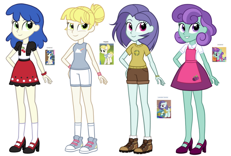 Size: 2448x1656 | Tagged: safe, artist:thecheeseburger, derpibooru import, cherry cream, lavender sunrise, plum pop, sugar cookie, pony, equestria girls, background pony, clothes, converse, equestria girls-ified, hair bun, las pegasus resident, shoes, simple background, transparent background