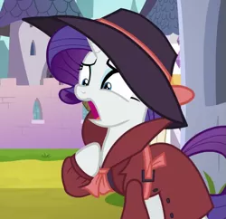 Size: 707x683 | Tagged: safe, derpibooru import, screencap, rarity, pony, unicorn, sparkle's seven, clothes, cropped, detective rarity, female, gasp, hat, mare, open mouth, raised hoof, shrunken pupils, solo