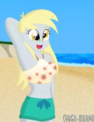 Size: 1488x1936 | Tagged: safe, artist:cyber-murph, derpibooru import, derpy hooves, equestria girls, equestria girls series, arm behind head, armpits, beach, belly, belly button, bikini, clothes, cross-eyed, cute, midriff, ocean, shorts, signature, swimsuit