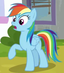 Size: 456x517 | Tagged: safe, derpibooru import, screencap, rainbow dash, pegasus, pony, sparkle's seven, cropped, female, mare, open mouth, raised hoof, solo