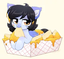 Size: 1545x1421 | Tagged: safe, artist:moozua, derpibooru import, oc, oc:mitzy, unofficial characters only, bat pony, bat pony oc, bat wings, cheese, chips, cute, ear fluff, food, nacho cheese, nachos, ocbetes, simple background, solo, starry eyes, wingding eyes, wings