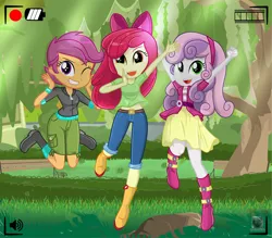 Size: 1057x924 | Tagged: safe, artist:charliexe, derpibooru import, apple bloom, scootaloo, sweetie belle, equestria girls, adorabloom, belly button, belt, boots, bow, camera shot, clothes, cute, cutealoo, cutie mark crusaders, diasweetes, grass, hair bow, hairband, looking at you, one eye closed, open mouth, patreon, patreon logo, shoes, shorts, skirt, smiling, tree, wink