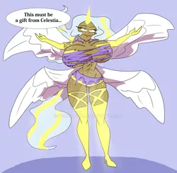 Size: 900x877 | Tagged: abs, abstract background, alternate hairstyle, angelic wings, artist:peribooty, big breasts, bimbo, bimboification, boots, breast expansion, breasts, busty trixie, clothes, dark skin, dead source, derpibooru import, deviantart watermark, dialogue, erect nipples, evening gloves, eyeshadow, female, full body, gloves, growth, high heel boots, high heels, horn, horned humanization, huge breasts, human, humanized, incentive drive, lipstick, long gloves, looking up, makeup, multiple wings, nipple outline, obtrusive watermark, red lipstick, shoes, smiling, socks, solo, solo female, standing, suggestive, tail, tailed humanization, thigh expansion, thigh highs, thighs, torn clothes, trixie, watermark, winged humanization, wings, yellow eyeshadow