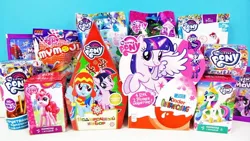 Size: 1280x720 | Tagged: safe, derpibooru import, applejack, pinkie pie, princess celestia, rainbow dash, tempest shadow, twilight sparkle, twilight sparkle (alicorn), alicorn, deer, unicorn, equestria girls, my little pony: the movie, antlers, box, capsule, cutie mark crew, cyrillic, dessert, food, german, kinder egg, logo, my little pony, mymoji, russian, simple background, surprise egg, sweet box, toy