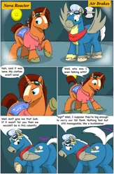 Size: 6288x9626 | Tagged: safe, artist:cactuscowboydan, author:bigonionbean, derpibooru import, oc, oc:air brakes, oc:nova reactor, earth pony, pegasus, pony, unicorn, comic:fusing the fusions, comic:the bastion of canterlot, booty inflation, butt, canterlot, canterlot castle, cape, clothes, comic, commissioner:bigonionbean, conductor hat, conjoined, cutie mark fusion, dat ass was fat, dat butt, dialogue, fat ass, forced, fuse, fused, fusion, fusion:air brakes, fusion:nova reactor, glasses, goggles, gymnasium, hat, jiggling, magic, male, meme, merge, merging, out of control magic, plot, potion, scarf, shirt, short tail, stallion, swelling, tail wag, talking to themself, thicc ass, thick, uniform, wonderbolts, wonderbolts uniform