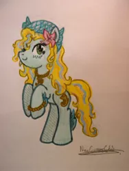 Size: 2346x3128 | Tagged: safe, artist:nurkako, derpibooru import, ponified, earth pony, ghoul, monster pony, pony, undead, barely pony related, bracelet, crossover, fins, flower, flower in hair, jewelry, lagoona blue, mattel, monster, monster high, necklace, sea creature, sea monster