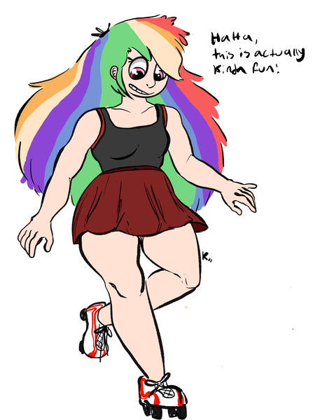 Size: 1839x2415 | Tagged: safe, artist:kackysocks, derpibooru import, rainbow dash, human, clothes, cute, dashabetes, full body, humanized, legs, miniskirt, multicolored hair, pleated skirt, rainbow hair, roller skates, skirt, tanktop, thighs