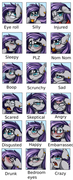 Size: 2064x5077 | Tagged: safe, artist:pridark, derpibooru import, oc, oc:andromeda galaktika, unofficial characters only, bat pony, pony, angry, bat pony oc, bat wings, bedroom eyes, boop, crazy face, disgusted, drunk, embarrassed, expressions, faic, glasses, happy, injured, nom, sad, scared, scrunchy face, silly, skeptical, sleepy, solo, tongue out, wings