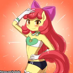 Size: 750x750 | Tagged: safe, artist:lumineko, derpibooru import, apple bloom, anthro, earth pony, apple bloomers, adorabloom, adorasexy, ass, bandeau, blushing, bow, breasts, busty apple bloom, butt, clothes, cute, female, gloves, hair bow, hand on hip, looking at you, midriff, sexy, shorts, smiling, solo, sports panties