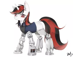 Size: 1800x1400 | Tagged: safe, artist:貂小明, derpibooru import, oc, oc:blackjack, unofficial characters only, cyborg, pony, unicorn, fallout equestria, fallout equestria: project horizons, fanfic, clothes, commission, cyber legs, fanfic art, female, level 1 (project horizons), looking at you, mare, missing cutie mark, red eyes, simple background, solo, standing, striped mane, vault suit, white background