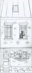 Size: 951x2140 | Tagged: safe, derpibooru import, sunset shimmer, equestria girls, 1930s, blinds, building, detective, hand drawing, monochrome, noir, pencil drawing, private eye, private investigator, sign, silhouette, sunset's apartment, traditional art