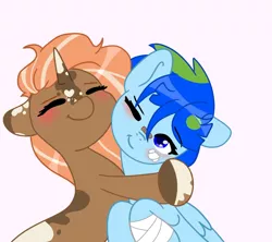 Size: 724x644 | Tagged: safe, artist:desolate, derpibooru import, oc, oc:earth, oc:spotty lionmane, unofficial characters only, pegasus, pony, unicorn, bandage, bandaid, base used, blushing, bruised, eyes closed, female, half body, horn, hug, injured, leonine tail, lesbian, mare, one eye closed, shipping, smiling, spotearth, spots, two toned mane, wink