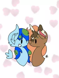 Size: 800x1058 | Tagged: safe, anonymous artist, derpibooru import, oc, oc:earth, oc:spotty lionmane, unofficial characters only, pegasus, pony, unicorn, bandaid, female, half body, heart, horn, leonine tail, lesbian, looking at each other, mare, shipping, signature, smiling, spotearth, spots, spread wings, wings