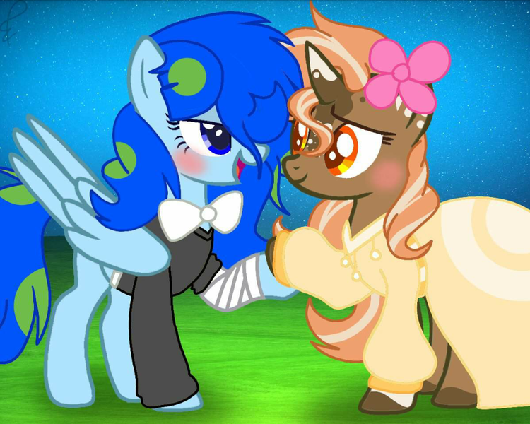 Size: 1000x800 | Tagged: safe, anonymous artist, derpibooru import, oc, oc:earth, oc:spotty lionmane, unofficial characters only, pegasus, pony, unicorn, alternate hairstyle, bandage, bandaid, blush sticker, blushing, bottomless, bowtie, clothes, colored pupils, dress, female, flower, flower in hair, horn, leonine tail, lesbian, lidded eyes, mare, marriage, open mouth, partial nudity, shipping, signature, smiling, spotearth, spots, stars, tuxedo, two toned mane, two toned tail, wedding, wedding dress