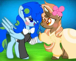 Size: 1000x800 | Tagged: safe, anonymous artist, derpibooru import, oc, oc:earth, oc:spotty lionmane, unofficial characters only, pegasus, pony, unicorn, alternate hairstyle, bandage, bandaid, blush sticker, blushing, bottomless, bowtie, clothes, colored pupils, dress, female, flower, flower in hair, horn, leonine tail, lesbian, lidded eyes, mare, marriage, open mouth, partial nudity, shipping, signature, smiling, spotearth, spots, stars, tuxedo, two toned mane, two toned tail, wedding, wedding dress