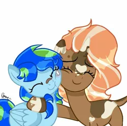 Size: 800x796 | Tagged: safe, artist:ponyart, derpibooru import, oc, oc:earth, oc:spotty lionmane, unofficial characters only, pegasus, pony, unicorn, bandaid, base used, blushing, bruised, cheek squish, eyes closed, female, horn, hug, injured, leonine tail, lesbian, mare, shipping, signature, smiling, spotearth, spots, squishy cheeks, two toned mane