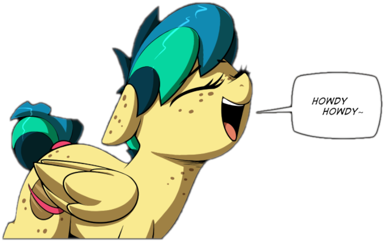 Size: 781x493 | Tagged: safe, artist:shinodage, derpibooru import, edit, oc, oc:apogee, unofficial characters only, pegasus, pony, body freckles, butt freckles, chest freckles, cropped, cute, diageetes, dialogue, ear freckles, excited, eyes closed, female, filly, folded wings, freckles, happy, howdy, ocbetes, open mouth, outline, simple background, smiling, solo, speech bubble, tail wrap, text, transparent background, weapons-grade cute, wings