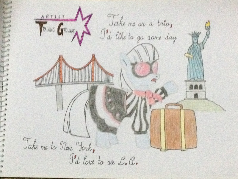 Size: 3264x2448 | Tagged: safe, artist:don2602, derpibooru import, photo finish, earth pony, pony, american boy, clothes, estelle, female, golden gate bridge, newbie artist training grounds, solo, song reference, statue of liberty, suitcase, traditional art