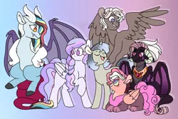 Size: 1280x857 | Tagged: safe, artist:sandwichbuns, derpibooru import, oc, oc:ink letter, oc:iridescent bloom, oc:virtuous jazz, unofficial characters only, dracony, dragon, hybrid, pegasus, pony, unicorn, female, magical lesbian spawn, mare, offspring, parent:derpy hooves, parent:doctor whooves, parent:fluttershy, parent:octavia melody, parent:twilight sparkle, parent:vinyl scratch, parents:doctorderpy, parents:scratchtavia, parents:twishy