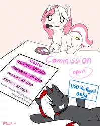 Size: 3568x4500 | Tagged: safe, artist:potzm, derpibooru import, oc, oc:lawyresearch, oc:lawyshadow, pony, unicorn, advertisement, commission info, mouth hold, paintbrush, prone, sign, white eyes