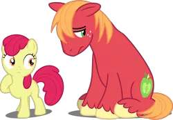 Size: 9612x6685 | Tagged: safe, artist:estories, derpibooru import, edit, editor:slayerbvc, vector edit, apple bloom, big macintosh, earth pony, pony, absurd resolution, accessory-less edit, brother and sister, cute, depressed, duo, female, filly, hoof on chest, looking back, macabetes, male, missing accessory, raised hoof, sad, sadorable, siblings, simple background, sitting, stallion, transparent background, vector