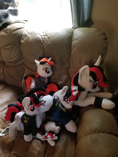 Size: 3024x4032 | Tagged: safe, artist:burgunzik, artist:emberfallplush, artist:ferracraft, artist:hobbes-maxwell, artist:valmiiki, derpibooru import, oc, oc:blackjack, pony, unicorn, fallout equestria, fallout equestria: project horizons, birthday, fanfic art, multeity, plushie