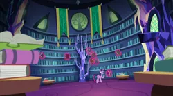 Size: 2100x1178 | Tagged: safe, derpibooru import, screencap, twilight sparkle, twilight sparkle (alicorn), alicorn, pony, fame and misfortune, banner, book, crystal, female, library, magic, magic aura, mare, solo, telekinesis, twilight's castle, twilight's castle library