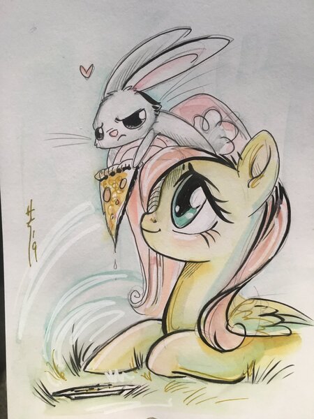 Size: 1536x2048 | Tagged: safe, artist:sararichard, derpibooru import, angel bunny, fluttershy, pegasus, pony, rabbit, animal, duo, female, food, mare, meat, pepperoni, pepperoni pizza, pizza, traditional art