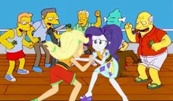 Size: 528x310 | Tagged: safe, derpibooru import, edit, edited screencap, screencap, applejack, rarity, monkey, equestria girls, equestria girls series, spring breakdown, spoiler:eqg series (season 2), boe, knife, melvin van horne, moe syzlak, money, the simpsons