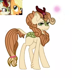 Size: 776x838 | Tagged: safe, artist:chaoscy, derpibooru import, applejack, autumn blaze, oc, earth pony, hybrid, kirin, pony, autumnjack, female, freckles, interspecies offspring, kirin hybrid, kirin pony hybrid, lesbian, magical lesbian spawn, mare, next generation, offspring, parent:applejack, parent:autumn blaze, parents:autumnjack, shipping, simple background, unshorn fetlocks, white background