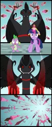 Size: 1024x2522 | Tagged: safe, artist:culu-bluebeaver, derpibooru import, spike, twilight sparkle, oc, oc:plague, dragon, pony, unicorn, comic:the six-winged serpent, big crown thingy, claws, comic, element of magic, fangs, female, jewelry, levitation, magic, male, mare, regalia, shocked, smiling, telekinesis, unicorn twilight, wide eyes, wings