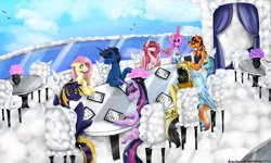 Size: 5000x3000 | Tagged: safe, artist:nekomellow, derpibooru import, fluttershy, rainbow dash, twilight sparkle, oc, oc:electuroo, oc:strawberry glimmer, oc:tech talk, oc:zephyr, bat pony, pegasus, pony, unicorn, bat pony oc, bat wings, chair, cloud, cloudsdale, curtains, female, flower, magic, male, mare, restaurant, sitting, sky, smiling, stallion, telekinesis, vase, wings