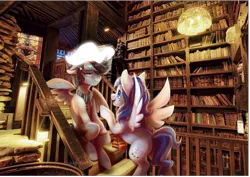 Size: 1255x891 | Tagged: safe, artist:shady-bush, derpibooru import, oc, oc:azure, oc:bunny army, unofficial characters only, bird, pegasus, pony, swan, book, bookshelf, clothes, harry potter, male, patronus, scarf, stallion, unamused