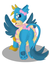 Size: 2550x3300 | Tagged: safe, artist:skyflys, derpibooru import, gallus, gryphon, angry, blushing, bow, butt, clothes, crossdressing, cute, dress, embarrassed, gallass, looking at you, male, paws, plot, simple background, solo, tail bow, transparent background, underpaw