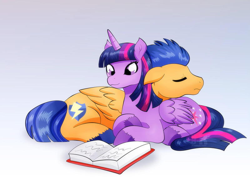 Size: 1600x1132 | Tagged: safe, artist:jotakaanimation, derpibooru import, flash sentry, twilight sparkle, twilight sparkle (alicorn), alicorn, pegasus, pony, book, butt pillow, couple, female, flashlight, male, nap, reading, romantic, shipping, sleeping, straight