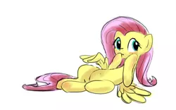 Size: 600x375 | Tagged: safe, artist:fipoki, derpibooru import, fluttershy, pegasus, pony, belly, belly button, covering mouth, female, leaning, leaning back, looking sideways, mare, simple background, solo, spread wings, white background, wings
