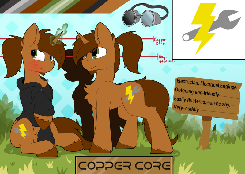 Size: 7936x5628 | Tagged: safe, artist:beardie, derpibooru import, oc, oc:copper core, unofficial characters only, pony, unicorn, abstract background, beard, blushing, clothes, cutie mark, facial hair, goggles, grass, hoodie, magic, male, ponytail, reference sheet, sign, sitting, stallion, tall, unshorn fetlocks