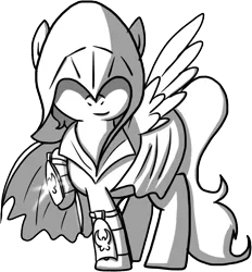 Size: 788x850 | Tagged: safe, artist:petirep, derpibooru import, oc, unofficial characters only, pegasus, pony, buck legacy, assassin, black and white, blade, card art, clothes, covered eyes, goggles, grayscale, hidden blade, hood, looking at you, male, monochrome, night vision goggles, robe, simple background, solo, stealth suit, steampunk, transparent background