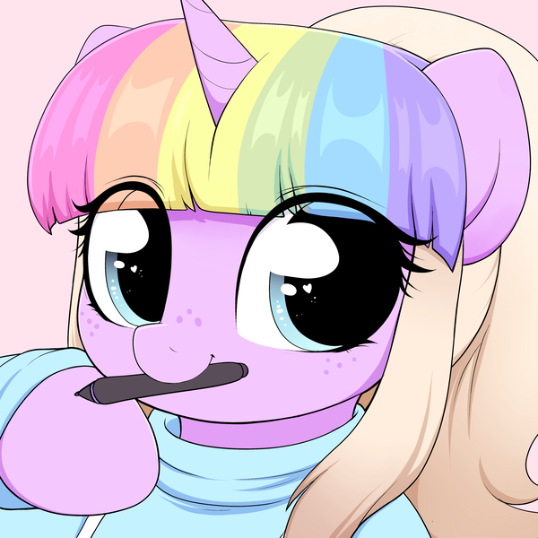 Size: 4000x4000 | Tagged: safe, artist:moozua, derpibooru import, oc, oc:lullaby tiara, unofficial characters only, pony, unicorn, clothes, cute, eye clipping through hair, female, freckles, icon, looking at you, mare, mouth hold, ocbetes, pen, ponytail, smiling, solo